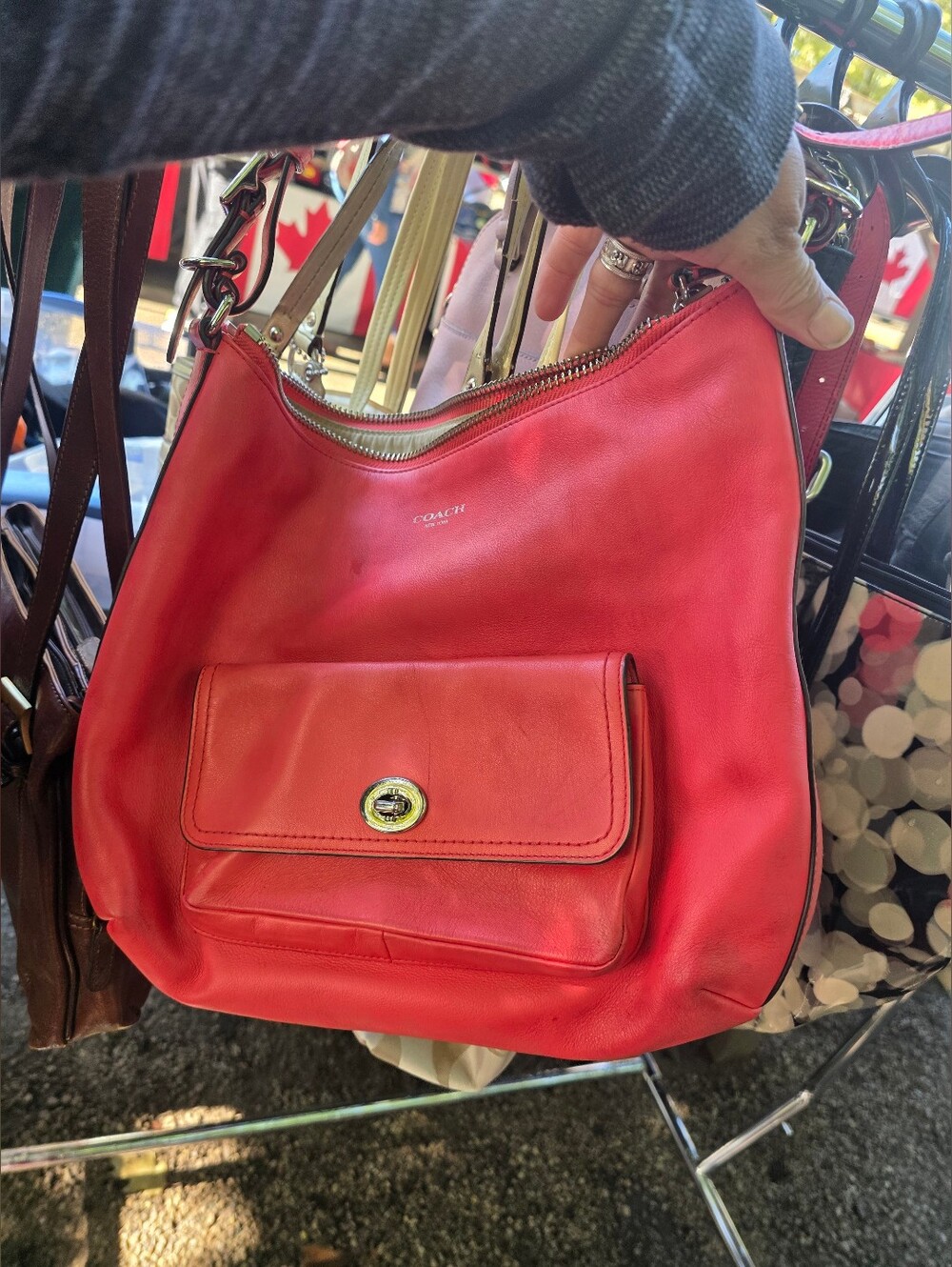 Coach Red Leather Shoulder Bag with Front Flap Pocket